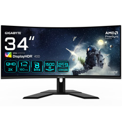 GIGABYTE G34WQCP 34" UWQHD Curved Gaming Monitor - 3440 x 1440, 1500R, 180Hz, 1ms, 350 cd/m2, AMD FreeSync Premium, DisplayHDR 400, HDMI 2.0, Displayport 1.4