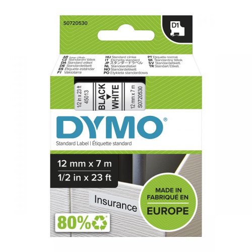 Dymo 45013 D1 12mm x 7m Black on White Tape