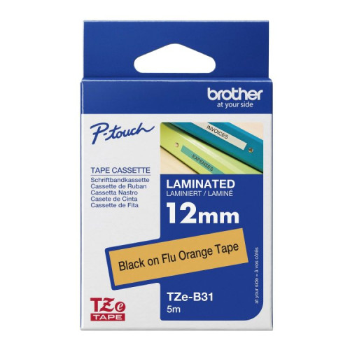 Brother TZEB31 Black on Orange 5M x 12mm Fluorescent Laminated Tape