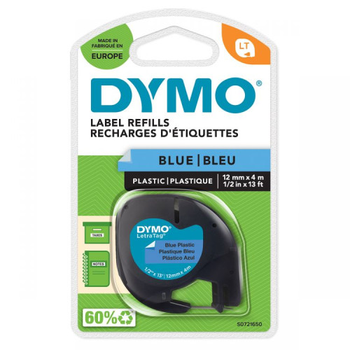 Dymo 91205 12mm x 4m Black On Blue Plastic Tape