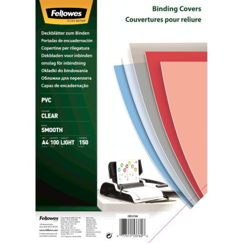Fellowes 5376001 PVC COVER A4 150 MICRONS CLEAR 100 PK
