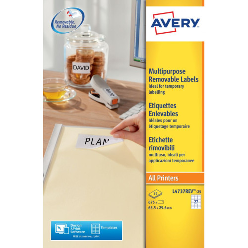 Avery L4737REV-25 Multipurpose Removable Labels 25 sheets - 27 Labels per Sheet