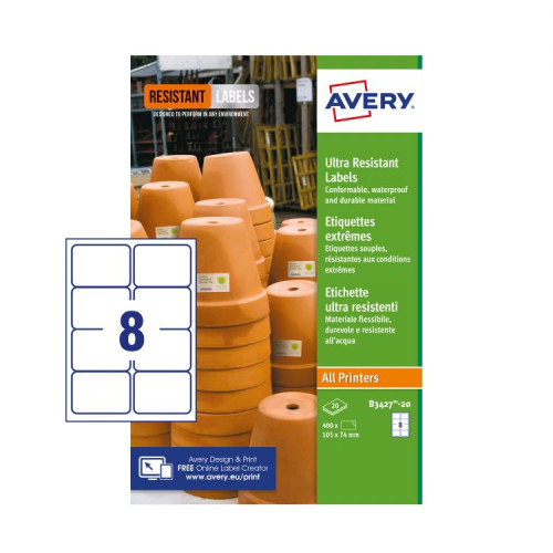Avery B3427-20 Ultra Resistant Labels 20 sheets - 8 Labels per Sheet