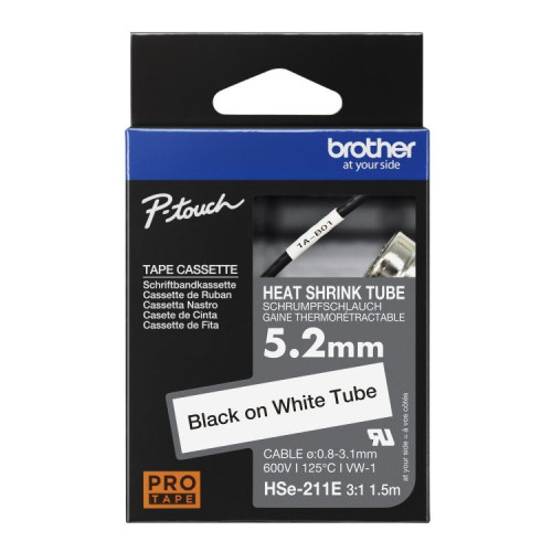 Brother HSE-211E 5.2mm Black on White Heat Shrink Tube