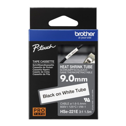 Brother HSE-221E 9mm Black on White Heat Shrink Tube