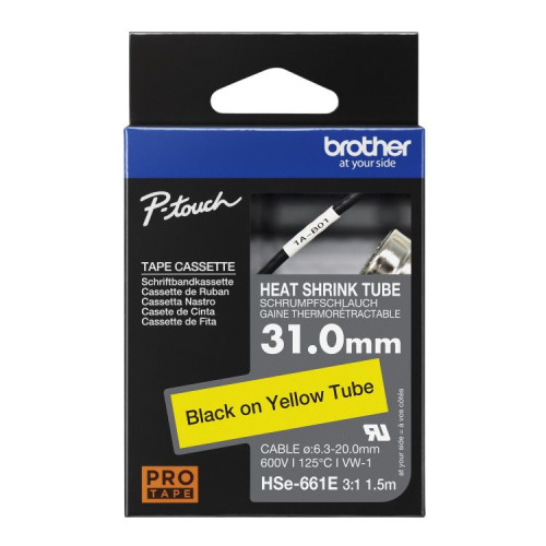 Brother HSE-661E 31mm Black on Yellow Heat Shrink Tube