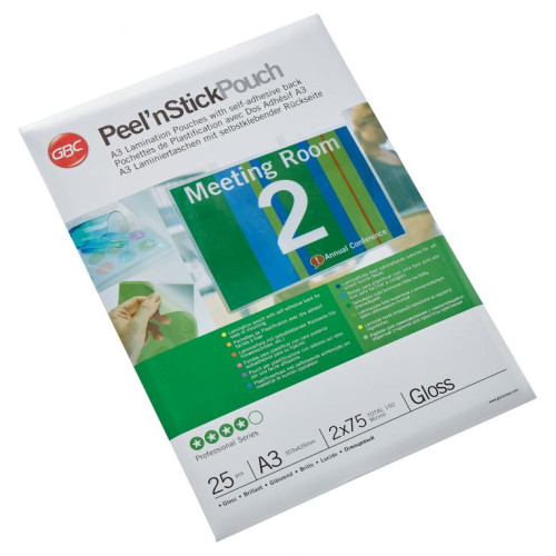 GBC 3747526 A3 Peel n Stick Gloss Pouch 75 Micron 25Pk