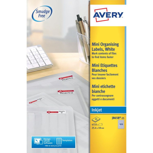 Avery J8658-25 25.4 x 10mm Mini Multipurpose Labels 25 Sheets - 189 Labels per Sheet