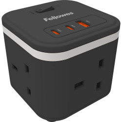 Fellowes Power Cube 3 Sockets, 1 USB-A & 2 USB-C Ports Black