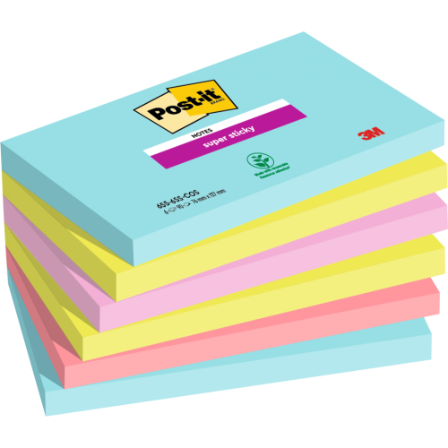 Post-It Pack of 6 Super Sticky Notes 76x127mm 90 Sheets Cosmic Colours