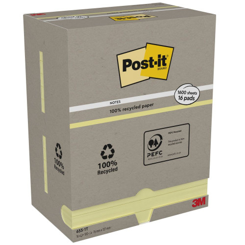 Post-it Pack of 16 Recycled Notes 76x127 mm Canary Yellow