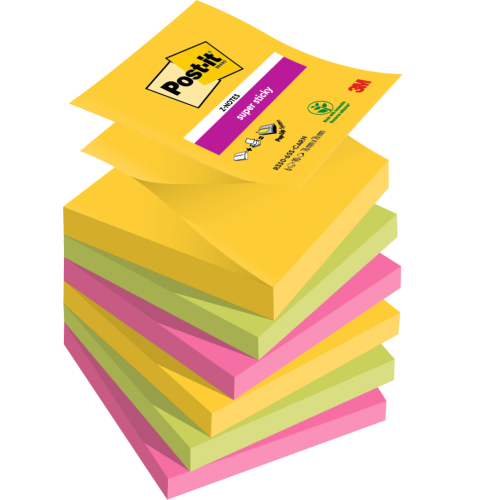 Post it Pack of 6 Super Sticky Z Notes Carnival Colours 76x76mm 90 Sheets