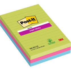 Post-it Pack of 3 Super Sticky Notes 102x152mm Ruled 90 Sheets Ultra Colours