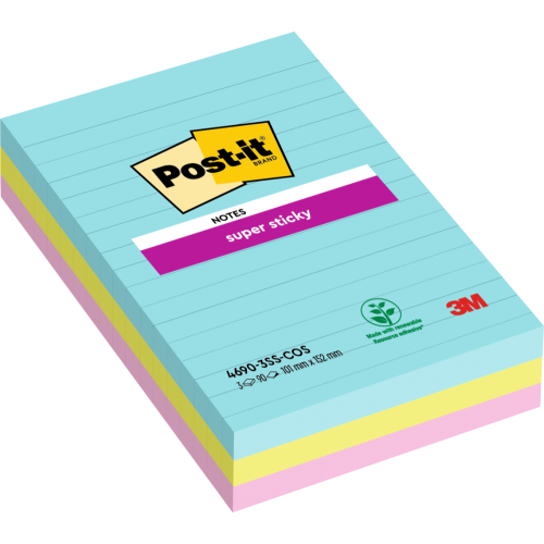 Post-It Pack of 3 Super Sticky Notes 101x152mm Ruled Cosmic Colours