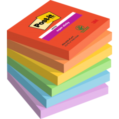 Post it Pack of 6 Super Sticky Notes Playful Colours 76x76mm 90 Sheets