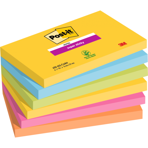 Post-it Pack of 6 Super Sticky Notes 76x127mm 90 Sheet Carnival Colours