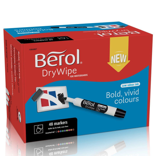 Berol Dry Wipe Whiteboard Marker Pens Assorted colours Bullet Tip Pack of 48