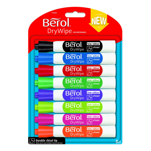 Berol Dry Wipe Whiteboard Marker Pens Assorted colours Chisel Tip Pack of 8