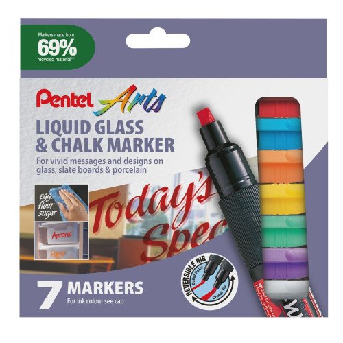 Pentel Wet Erase 7 Pack Assorted Colour Chalk Marker Chisel Tip 2-4mm Line