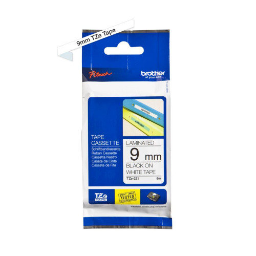 TZE221 9MM BLACK ON WHITE TAPE