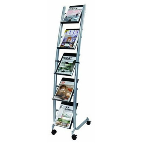 Narrow Mobile Literature Rack with 5 Levels, Metallic Gray and Black