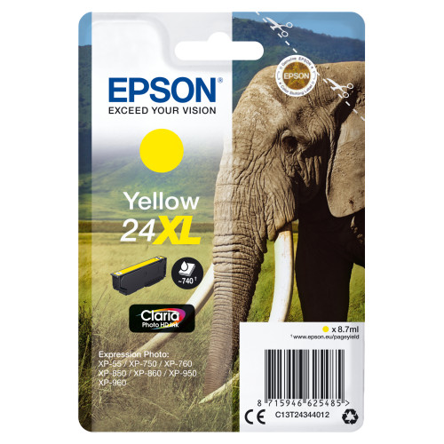 Epson Elephant Singlepack Yellow 24XL Claria Photo HD Ink