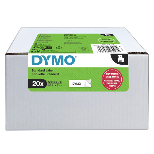 DYMO Authentic D1 Labels | Black Print on White | 12mm x 7m | Self-Adhesive Labels for LabelManager Label Printers | 20 Count