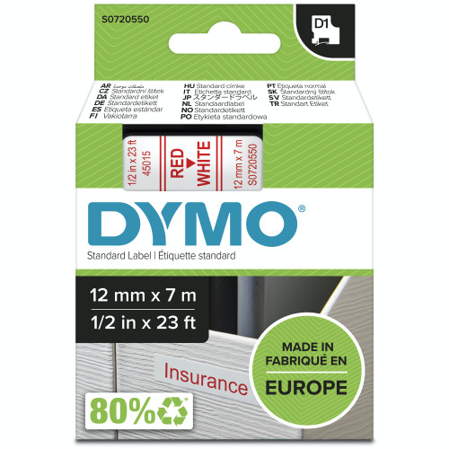 DYMO Authentic D1 Labels | Red Print on White Tape | 12 mm x 7 m | Self-Adhesive Labels for LabelManager Label Makers | Made in Europe