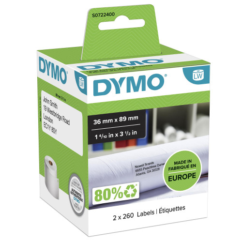 DYMO Authentic LabelWriter Large Address Labels | 36 mm x 89mm | Self-Adhesive | 2 Rolls of 260 (520 Easy-Peel Labels) | for LabelWriter Label Makers | Made in Europe
