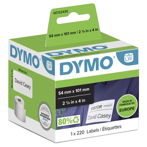 DYMO Authentic LabelWriter Large Shipping Labels/Name Badges | 54 mm x 101 mm | Self-Adhesive | Roll of 220 Easy-Peel Labels | for LabelWriter Label Makers | Made in Europe