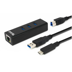 Plugable Technologies USB Hub with Ethernet, 3 port USB 3.0 Bus Powered Hub with Gigabit Ethernet Compatible with Windows, MacBook, Linux, Chrome OS, Includes USB C and USB 3.0 Cables