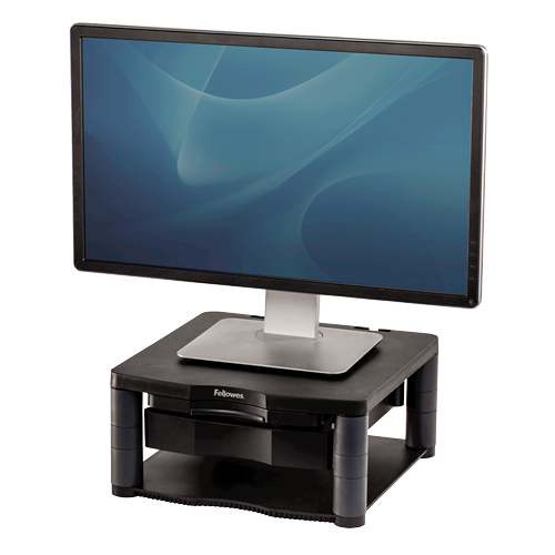 Fellowes Computer Monitor Stand with 3 Height Adjustments - Premium Monitor Riser Plus with Cable Management - Ergonomic Adjustable Monitor Stand for Computers - Max Weight 36KG/Max Size 21