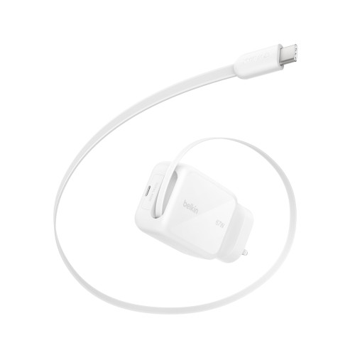 Belkin WCH022MYWH Caricabatterie per dispositivi mobili Universale Bianco AC Ricarica rapida Interno (67W USB-C RETRACTABLE WALL CHARGER)